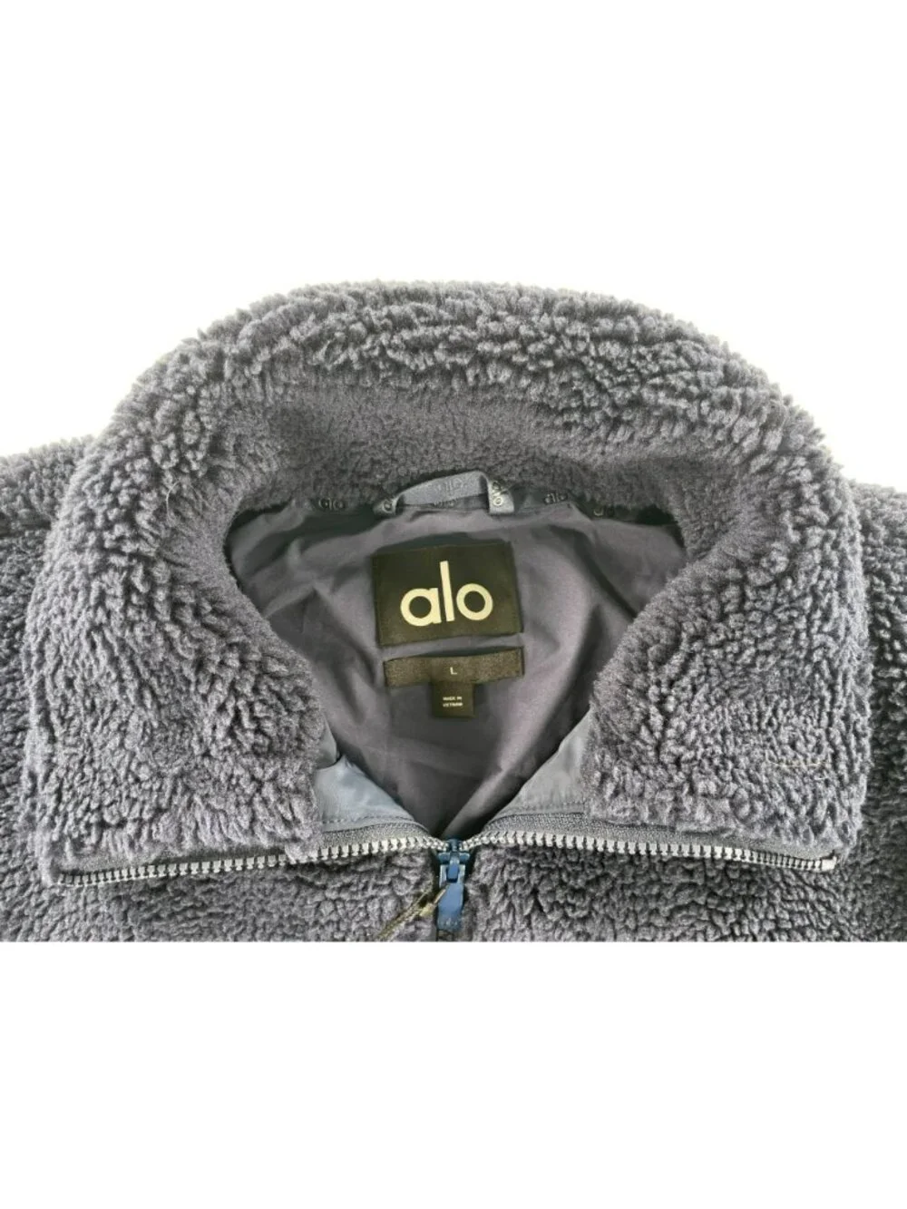 Alo Yoga Sherpa Edge Bomber Jacket Navy Quilted Outdoor Faux Fur Wmn's Sz L NEW